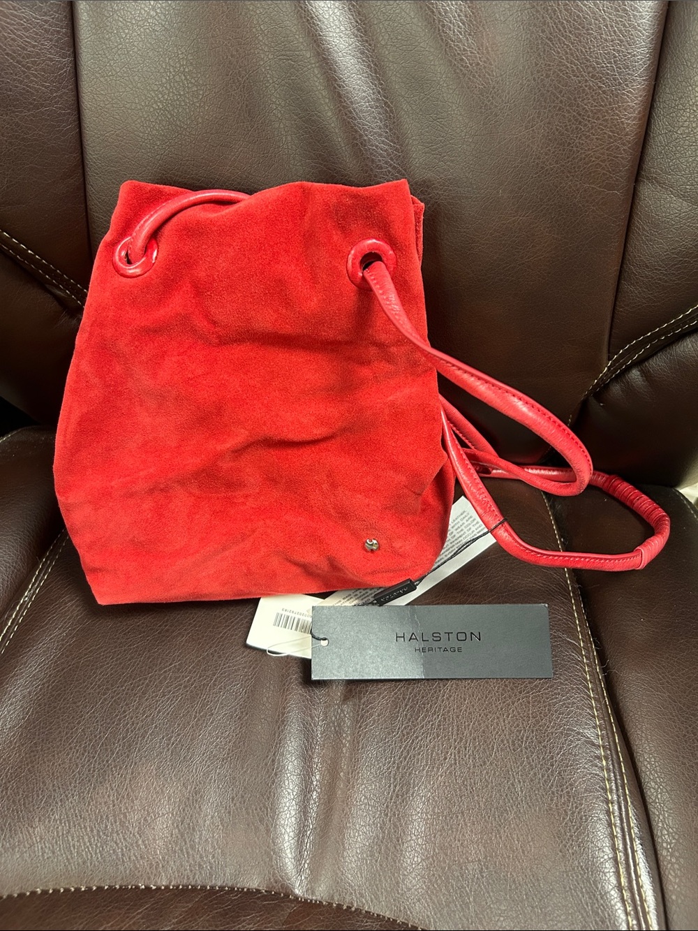 Halston Heritage Red Suede Drawstring Mini Bucket Bag